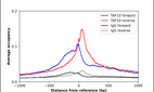 ChIP-Exo-Seq composite graph for Anti-TAF10 (HPA004148, Lot 000050710) tested in K562 cells. Strand-specific reads (blue: forward, red: reverse) and IgG controls (black: forward, grey: reverse) are plotted against the distance from a composite set of reference binding sites. The antibody exhibits robust target enrichment compared to a non-specific IgG control and precisely reveals its structural organization around the binding site. Data generated by Prof. B. F. Pugh´s Lab at Cornell University.