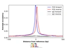ChIP-Exo-Seq composite graph for Anti-FOS (HPA018531, Lot 000015845) tested in MCF7 cells. Strand-specific reads (blue: forward, red: reverse) and IgG controls (black: forward, grey: reverse) are plotted against the distance from a composite set of reference binding sites. The antibody exhibits robust target enrichment compared to a non-specific IgG control and precisely reveals its structural organization around the binding site. Data generated by Prof. B. F. Pugh´s Lab at Cornell University.