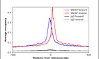 ChIP-Exo-Seq composite graph for Anti-SRCAP (HPA028929, Lot 000034339) tested in K562 cells. Strand-specific reads (blue: forward, red: reverse) and IgG controls (black: forward, grey: reverse) are plotted against the distance from a composite set of reference binding sites. The antibody exhibits robust target enrichment compared to a non-specific IgG control and precisely reveals its structural organization around the binding site. Data generated by Prof. B. F. Pugh´s Lab at Cornell University.