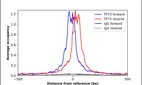 ChIP-Exo-Seq composite graph for Anti-TP73 (HPA044516, Lot R40957) tested in K562 cells. Strand-specific reads (blue: forward, red: reverse) and IgG controls (black: forward, grey: reverse) are plotted against the distance from a composite set of reference binding sites. The antibody exhibits robust target enrichment compared to a non-specific IgG control and precisely reveals its structural organization around the binding site. Data generated by Prof. B. F. Pugh´s Lab at Cornell University.