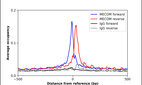 ChIP-Exo-Seq composite graph for Anti-MECOM (HPA046537, Lot 000004628) tested in K562 cells. Strand-specific reads (blue: forward, red: reverse) and IgG controls (black: forward, grey: reverse) are plotted against the distance from a composite set of reference binding sites. The antibody exhibits robust target enrichment compared to a non-specific IgG control and precisely reveals its structural organization around the binding site. Data generated by Prof. B. F. Pugh´s Lab at Cornell University.