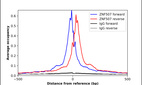 ChIP-Exo-Seq composite graph for Anti-ZNF507 (HPA049728, Lot R59634) tested in K562 cells. Strand-specific reads (blue: forward, red: reverse) and IgG controls (black: forward, grey: reverse) are plotted against the distance from a composite set of reference binding sites. The antibody exhibits robust target enrichment compared to a non-specific IgG control and precisely reveals its structural organization around the binding site. Data generated by Prof. B. F. Pugh´s Lab at Cornell University.