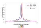 ChIP-Exo-Seq composite graph for Anti-MAFK (HPA060841, Lot R85188) tested in K562 cells. Strand-specific reads (blue: forward, red: reverse) and IgG controls (black: forward, grey: reverse) are plotted against the distance from a composite set of reference binding sites. The antibody exhibits robust target enrichment compared to a non-specific IgG control and precisely reveals its structural organization around the binding site. Data generated by Prof. B. F. Pugh´s Lab at Cornell University.