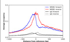 ChIP-Exo-Seq composite graph for Anti-NR0B1 (HPA067207, Lot R102495) tested in K562 cells. Strand-specific reads (blue: forward, red: reverse) and IgG controls (black: forward, grey: reverse) are plotted against the distance from a composite set of reference binding sites. The antibody exhibits robust target enrichment compared to a non-specific IgG control and precisely reveals its structural organization around the binding site. Data generated by Prof. B. F. Pugh´s Lab at Cornell University.