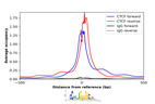 ChIP-Exo-Seq composite graph for Anti-CTCF (AMAb90666, Lot MAB-02709) tested in K562 cells. Strand-specific reads (blue: forward, red: reverse) and IgG controls (black: forward, grey: reverse) are plotted against the distance from a composite set of reference binding sites. The antibody exhibits robust target enrichment compared to a non-specific IgG control and precisely reveals its structural organization around the binding site. Data generated by Prof. B. F. Pugh´s Lab at Cornell University.