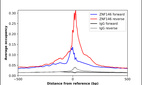 ChIP-Exo-Seq composite graph for Anti-ZNF146 (HPA003358, Lot A08848) tested in K562 cells. Strand-specific reads (blue: forward, red: reverse) and IgG controls (black: forward, grey: reverse) are plotted against the distance from a composite set of reference binding sites. The antibody exhibits robust target enrichment compared to a non-specific IgG control and precisely reveals its structural organization around the binding site. Data generated by Prof. B. F. Pugh´s Lab at Cornell University.