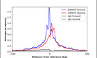 ChIP-Exo-Seq composite graph for Anti-ZNF607 (HPA055018, Lot R73075) tested in K562 cells. Strand-specific reads (blue: forward, red: reverse) and IgG controls (black: forward, grey: reverse) are plotted against the distance from a composite set of reference binding sites. The antibody exhibits robust target enrichment compared to a non-specific IgG control and precisely reveals its structural organization around the binding site. Data generated by Prof. B. F. Pugh´s Lab at Cornell University.