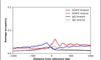 ChIP-Exo-Seq composite graph for Anti-H2AFZ (HPA057236, Lot R82453) tested in K562 cells. Strand-specific reads (blue: forward, red: reverse) and IgG controls (black: forward, grey: reverse) are plotted against the distance from a composite set of reference binding sites. The antibody exhibits robust target enrichment compared to a non-specific IgG control and precisely reveals its structural organization around the binding site. Data generated by Prof. B. F. Pugh´s Lab at Cornell University.