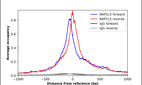 ChIP-Exo-Seq composite graph for Anti-NAP1L5 (HPA058227, Lot R82188) tested in K562 cells. Strand-specific reads (blue: forward, red: reverse) and IgG controls (black: forward, grey: reverse) are plotted against the distance from a composite set of reference binding sites. The antibody exhibits robust target enrichment compared to a non-specific IgG control and precisely reveals its structural organization around the binding site. Data generated by Prof. B. F. Pugh´s Lab at Cornell University.