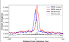 ChIP-Exo-Seq composite graph for Anti-APTX (HPA064930, Lot R91500) tested in K562 cells. Strand-specific reads (blue: forward, red: reverse) and IgG controls (black: forward, grey: reverse) are plotted against the distance from a composite set of reference binding sites. The antibody exhibits robust target enrichment compared to a non-specific IgG control and precisely reveals its structural organization around the binding site. Data generated by Prof. B. F. Pugh´s Lab at Cornell University.