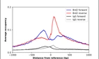 ChIP-Exo-Seq composite graph for Anti-BRD2 (HPA074612, Lot R109964) tested in K562 cells. Strand-specific reads (blue: forward, red: reverse) and IgG controls (black: forward, grey: reverse) are plotted against the distance from a composite set of reference binding sites. The antibody exhibits robust target enrichment compared to a non-specific IgG control and precisely reveals its structural organization around the binding site. Data generated by Prof. B. F. Pugh´s Lab at Cornell University.