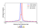 ChIP-Exo-Seq composite graph for Anti-CTCF (HPA004122, Lot A96611) tested in K562 cells. Strand-specific reads (blue: forward, red: reverse) and IgG controls (black: forward, grey: reverse) are plotted against the distance from a composite set of reference binding sites. The antibody exhibits robust target enrichment compared to a non-specific IgG control and precisely reveals its structural organization around the binding site. Data generated by Prof. B. F. Pugh´s Lab at Cornell University.