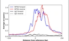ChIP-Exo-Seq composite graph for Anti-INTS6 (HPA001846, Lot 000055854) tested in K562 cells. Strand-specific reads (blue: forward, red: reverse) and IgG controls (black: forward, grey: reverse) are plotted against the distance from a composite set of reference binding sites. The antibody exhibits robust target enrichment compared to a non-specific IgG control and precisely reveals its structural organization around the binding site. Data generated by Prof. B. F. Pugh's Lab at Cornell University.