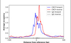 ChIP-Exo-Seq composite graph for Anti-CRCP (HPA007216, Lot A69615) tested in K562 cells. Strand-specific reads (blue: forward, red: reverse) and IgG controls (black: forward, grey: reverse) are plotted against the distance from a composite set of reference binding sites. The antibody exhibits robust target enrichment compared to a non-specific IgG control and precisely reveals its structural organization around the binding site. Data generated by Prof. B. F. Pugh's Lab at Cornell University.