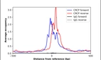 ChIP-Exo-Seq composite graph for Anti-CRCP (HPA007216, Lot A69615) tested in K562 cells. Strand-specific reads (blue: forward, red: reverse) and IgG controls (black: forward, grey: reverse) are plotted against the distance from a composite set of reference binding sites. The antibody exhibits robust target enrichment compared to a non-specific IgG control and precisely reveals its structural organization around the binding site. Data generated by Prof. B. F. Pugh's Lab at Cornell University.