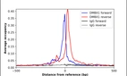 ChIP-Exo-Seq composite graph for Anti-DMBX1 (HPA026811, Lot 000018413) tested in K562 cells. Strand-specific reads (blue: forward, red: reverse) and IgG controls (black: forward, grey: reverse) are plotted against the distance from a composite set of reference binding sites. The antibody exhibits robust target enrichment compared to a non-specific IgG control and precisely reveals its structural organization around the binding site. Data generated by Prof. B. F. Pugh's Lab at Cornell University.