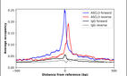 ChIP-Exo-Seq composite graph for Anti-ASCL3 (HPA027032, Lot 000026944) tested in K562 cells. Strand-specific reads (blue: forward, red: reverse) and IgG controls (black: forward, grey: reverse) are plotted against the distance from a composite set of reference binding sites. The antibody exhibits robust target enrichment compared to a non-specific IgG control and precisely reveals its structural organization around the binding site. Data generated by Prof. B. F. Pugh's Lab at Cornell University.