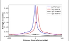 ChIP-Exo-Seq composite graph for Anti-JUN (HPA059474, Lot R83086) tested in K562 cells. Strand-specific reads (blue: forward, red: reverse) and IgG controls (black: forward, grey: reverse) are plotted against the distance from a composite set of reference binding sites. The antibody exhibits robust target enrichment compared to a non-specific IgG control and precisely reveals its structural organization around the binding site. Data generated by Prof. B. F. Pugh's Lab at Cornell University.