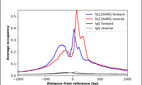 ChIP-Exo-Seq composite graph for Anti-SLC2A4RG (HPA063050, Lot R87789) tested in K562 cells. Strand-specific reads (blue: forward, red: reverse) and IgG controls (black: forward, grey: reverse) are plotted against the distance from a composite set of reference binding sites. The antibody exhibits robust target enrichment compared to a non-specific IgG control and precisely reveals its structural organization around the binding site. Data generated by Prof. B. F. Pugh's Lab at Cornell University.