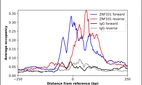 ChIP-Exo-Seq composite graph for Anti-ZNF331 (HPA063157, Lot R87907) tested in K562 cells. Strand-specific reads (blue: forward, red: reverse) and IgG controls (black: forward, grey: reverse) are plotted against the distance from a composite set of reference binding sites. The antibody exhibits robust target enrichment compared to a non-specific IgG control and precisely reveals its structural organization around the binding site. Data generated by Prof. B. F. Pugh's Lab at Cornell University.