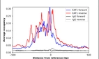 ChIP-Exo-Seq composite graph for Anti-EAF1 (HPA069538, Lot R101632) tested in K562 cells. Strand-specific reads (blue: forward, red: reverse) and IgG controls (black: forward, grey: reverse) are plotted against the distance from a composite set of reference binding sites. The antibody exhibits robust target enrichment compared to a non-specific IgG control and precisely reveals its structural organization around the binding site. Data generated by Prof. B. F. Pugh's Lab at Cornell University.